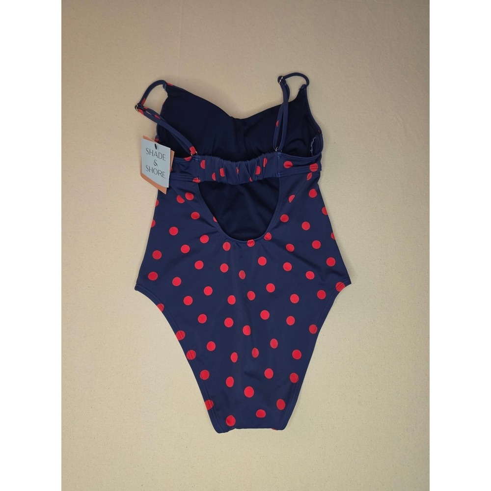 Shade & Shore Polk Dot V-Neck One Piece Swimsuit Blue Large NWT - Picture 2 of 2